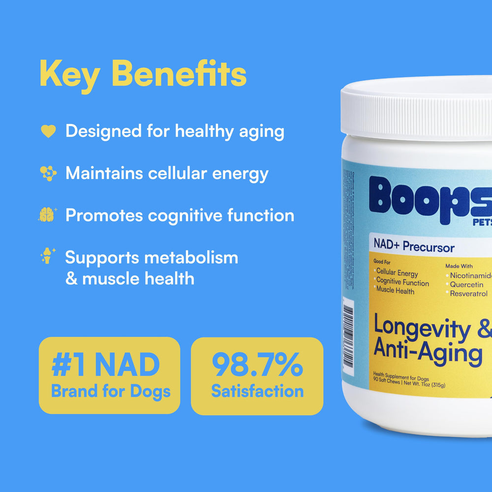 Boops Pets NAD+ Precursor ingredientes clave NR, resveratrol y quercetina