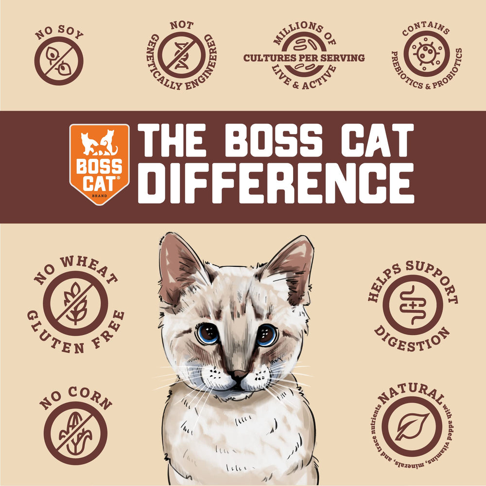 Boss Cat ingredientes naturales, proteína principal y verduras seleccionadas para una comida equilibrada.