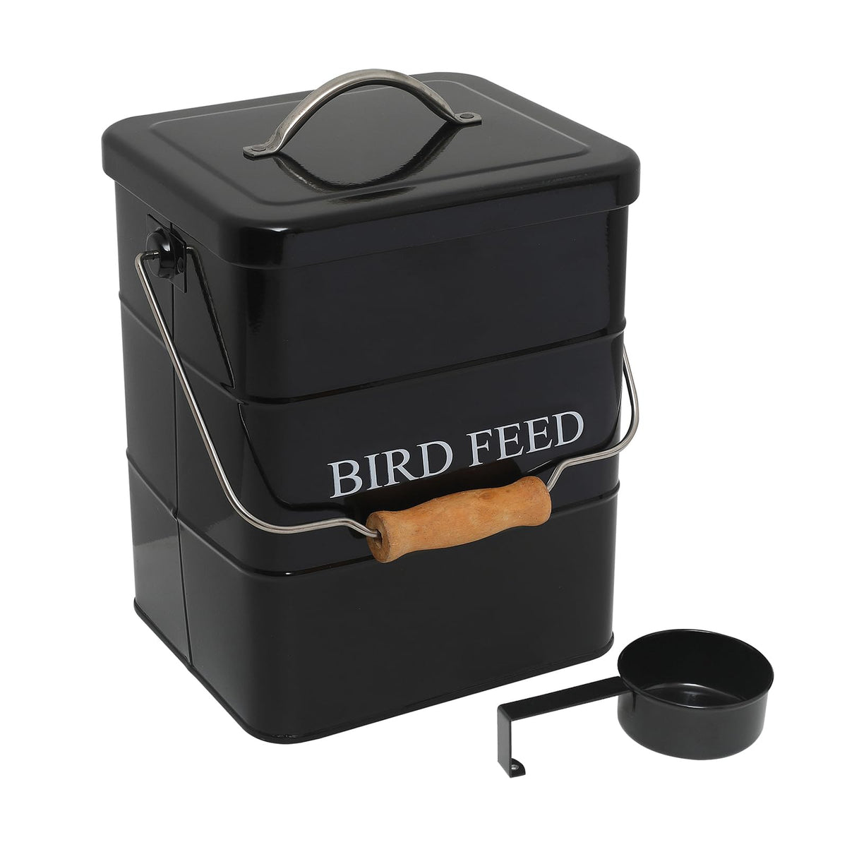 Brabtod contenedor de semillas para aves en metal, protege contra humedad y mantiene frescura.