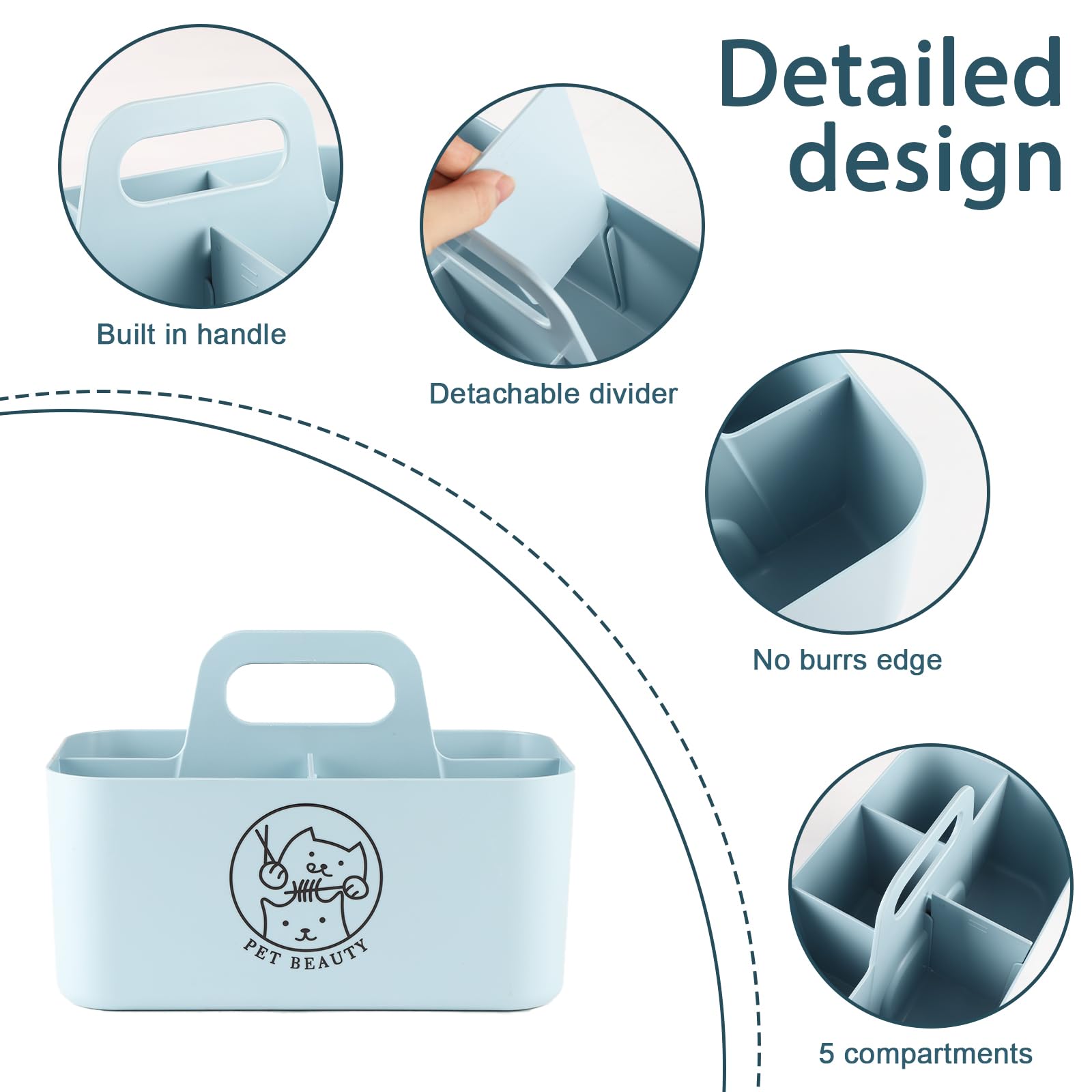 Brabtod caddy con cinco divisiones para organizar accesorios de grooming.