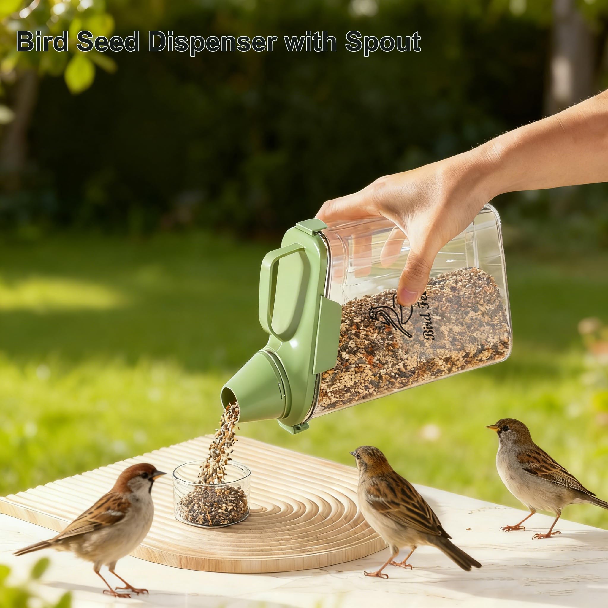 Brabtod medidor integrado facilita porciones precisas para alimentar aves.