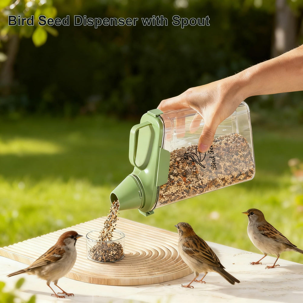 Brabtod medidor integrado facilita porciones precisas para alimentar aves.