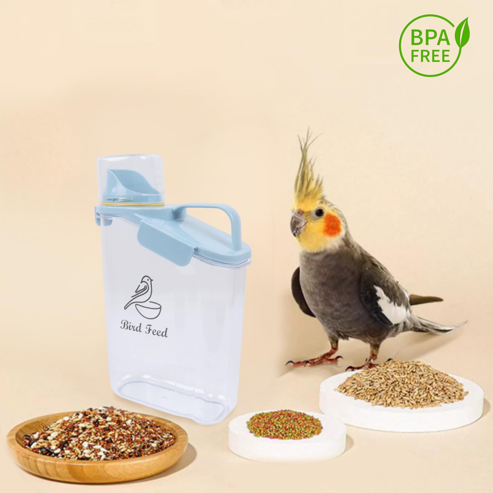 Brabtod medidor integrado, facilita porciones precisas para alimentar aves.