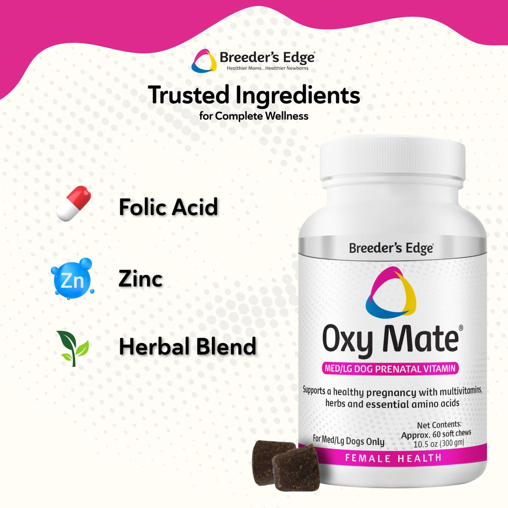 Etiqueta clara de Breeder's Edge Oxy Mate con nutrientes clave para gestación