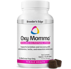 Breeder's Edge Oxy Momma Soft Chews envase para mamás lactantes.
