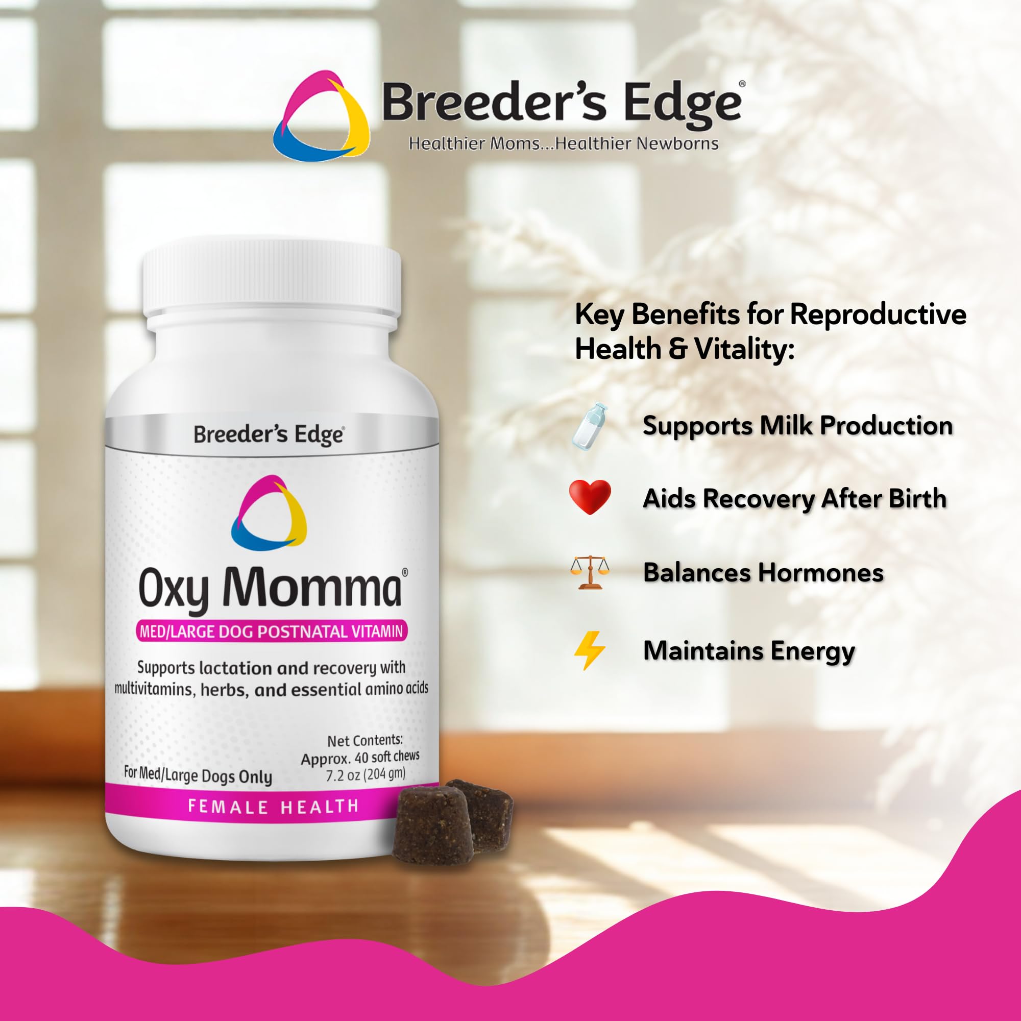 Breeder's Edge Oxy Momma Soft Chews ingredientes herbales.