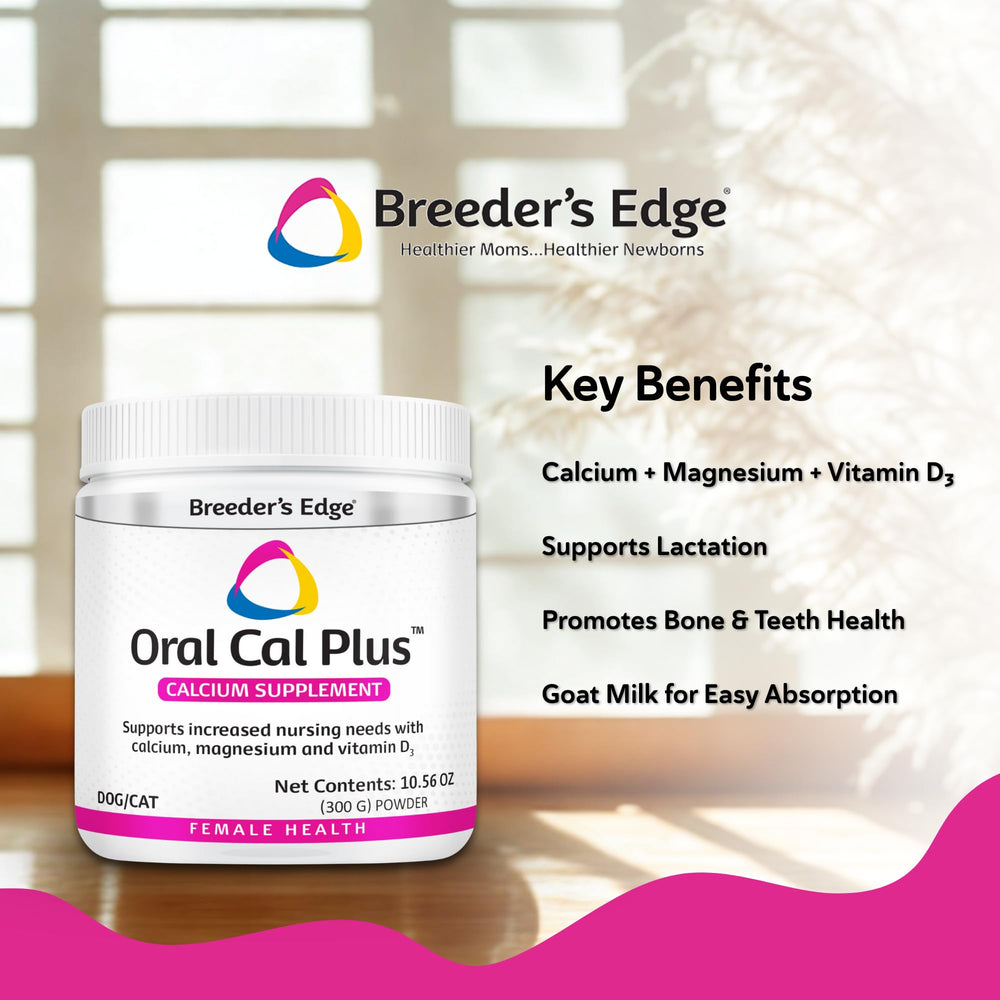 Etiqueta de Breeder’s Edge Cal Plus muestra calcio, magnesio y vitamina D3 para nutrición.