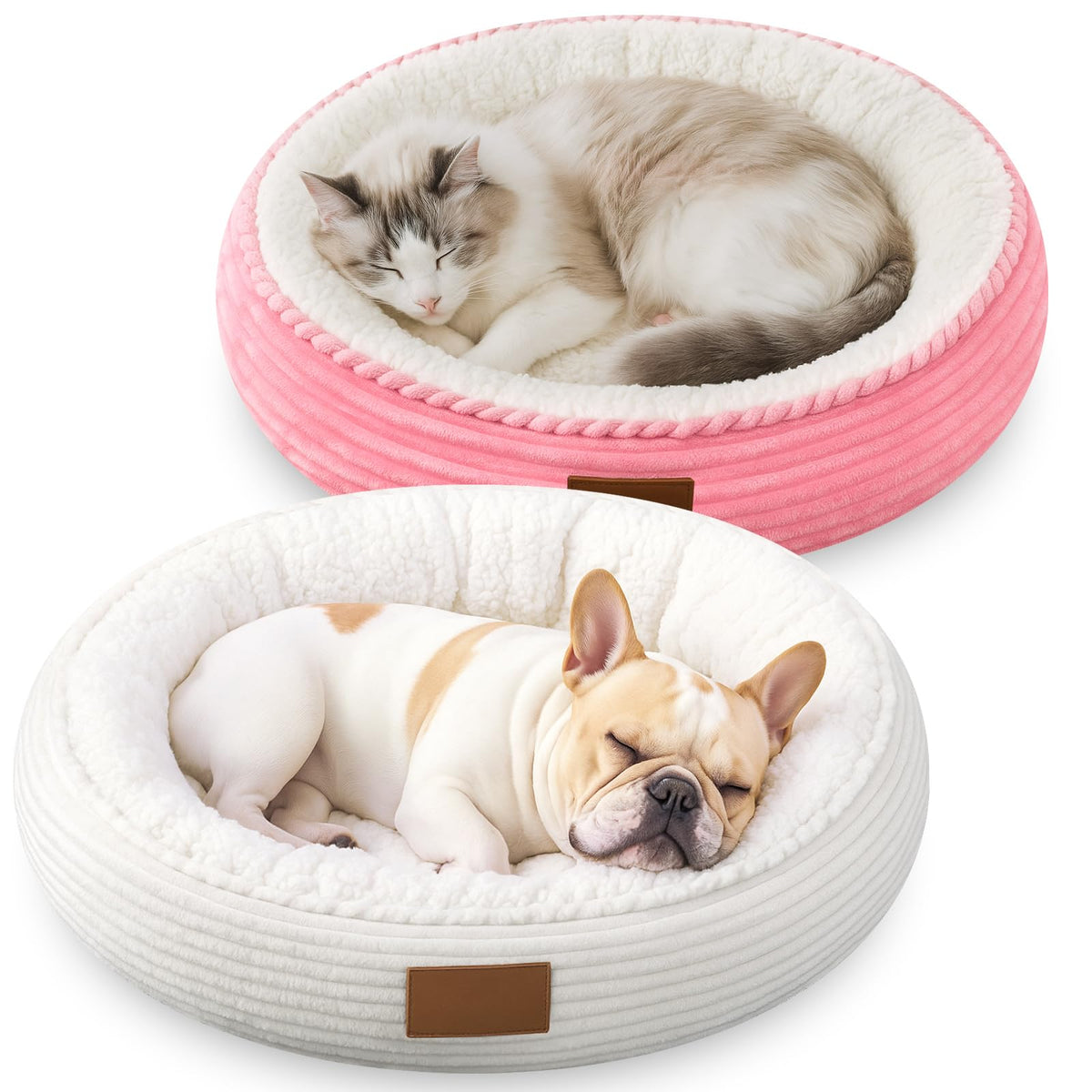 BrightRow cama gatos redonda de 20 pulgadas rosa y blanco para descanso cómodo