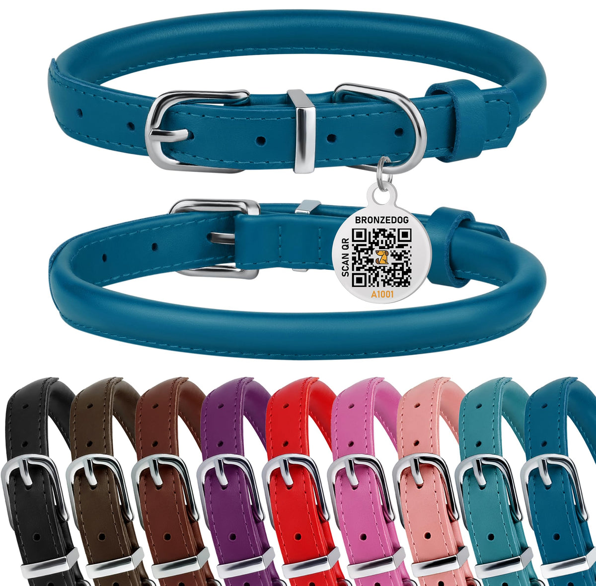 BRONZEDOG collar de cuero enrollado azul 9-11 pulgadas, cómodo y duradero.