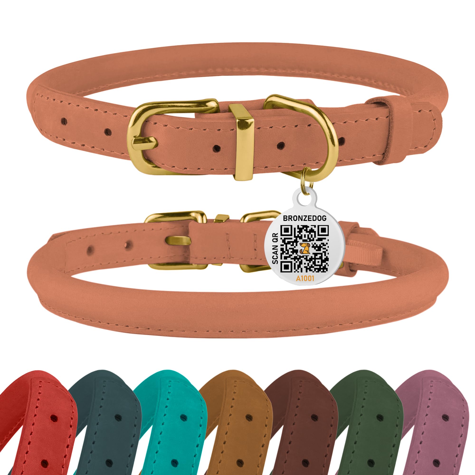 BRONZEDOG collar enrollado de cuero con etiqueta QR para identificación rápida.