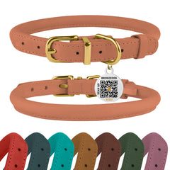 BRONZEDOG collar enrollado de cuero con etiqueta QR para identificación rápida.