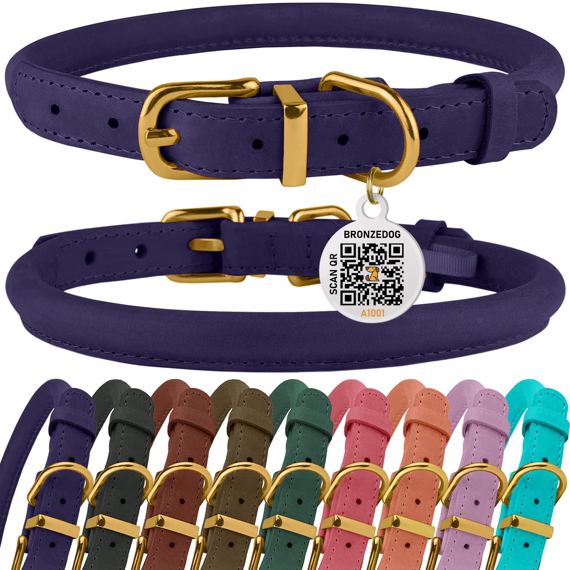 BronzeDog collar enrollado con etiqueta QR, facilita identificación rápida y segura de tu perro