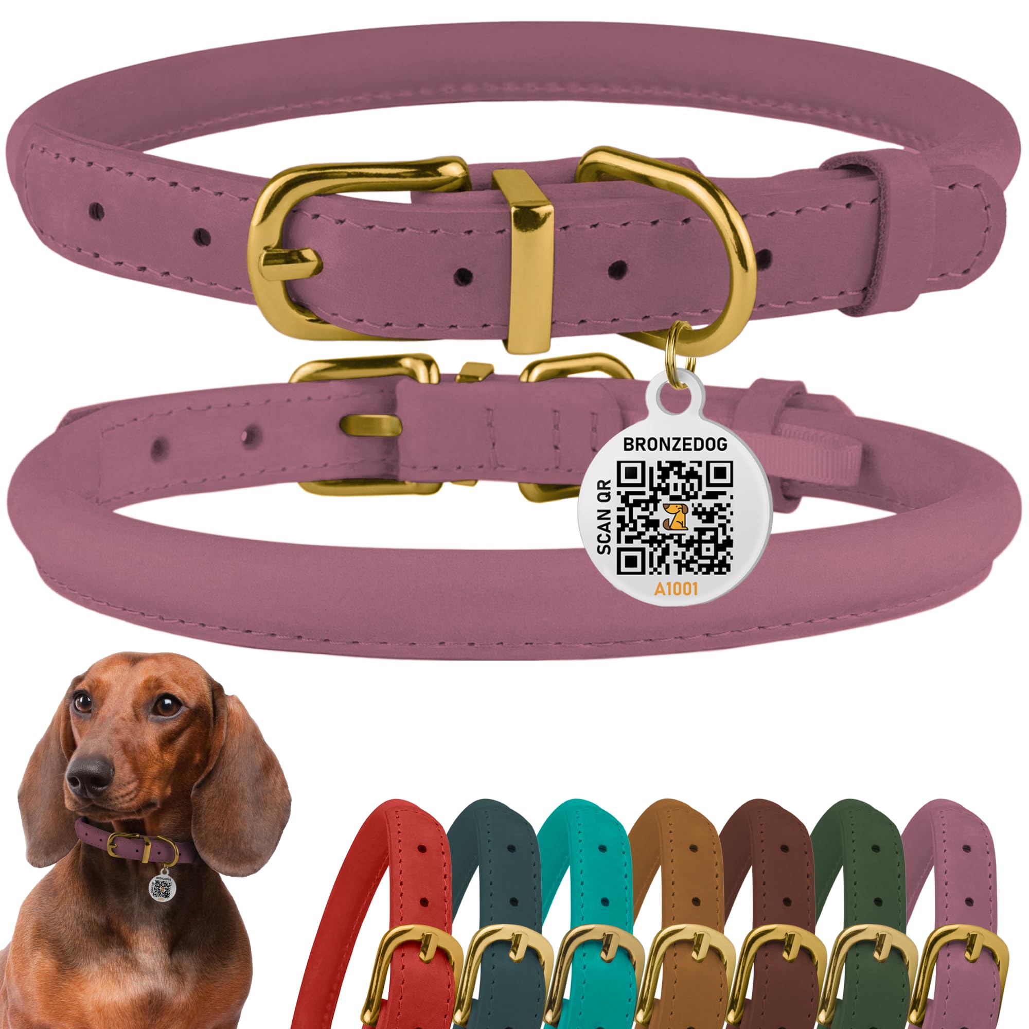 BronzeDog collar cuero enrollado lavanda frente, comodidad diaria para paseos.