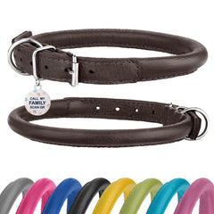 Collar BRONZEDOG de cuero enrollado marrón con hebilla plateada, cómodo para paseos diarios.