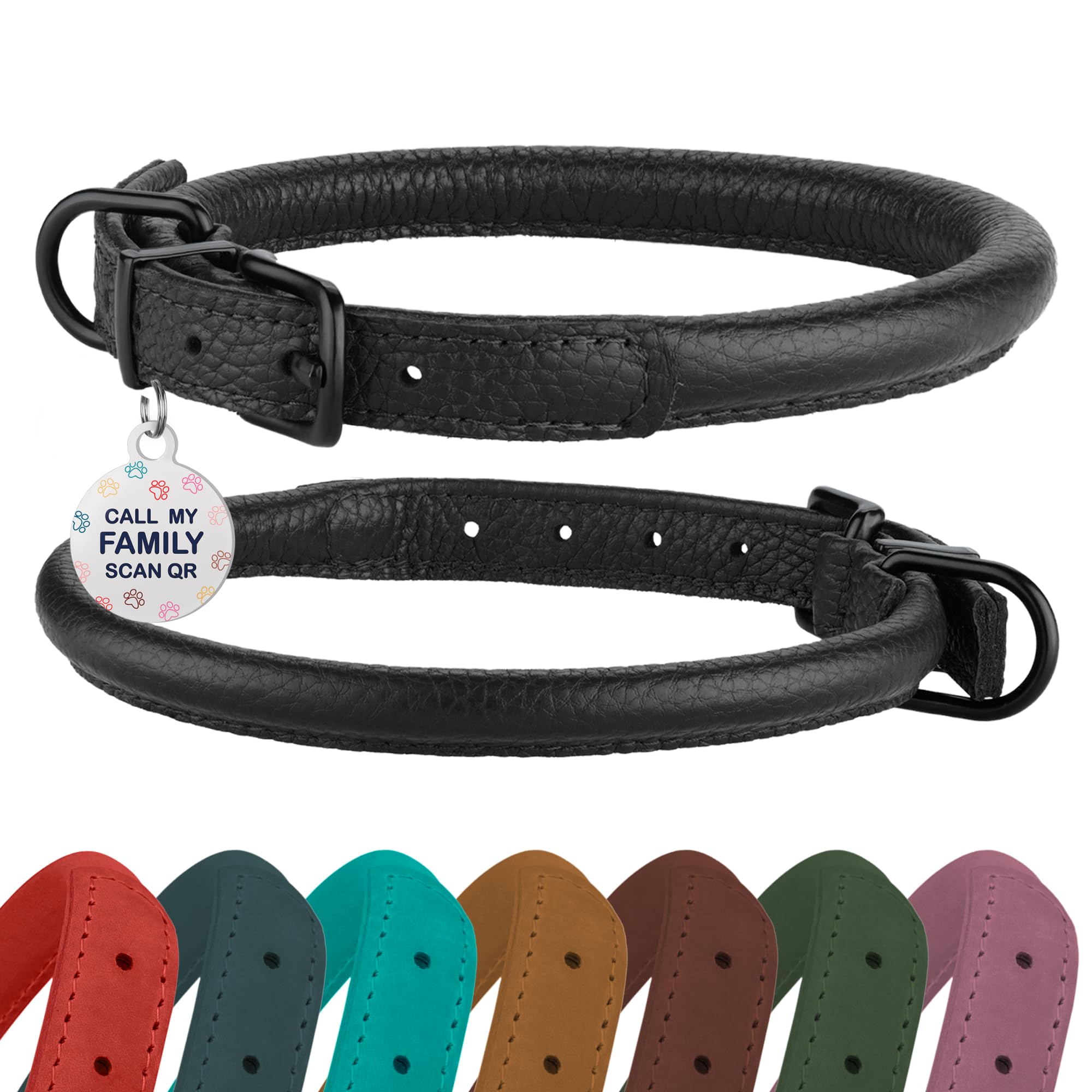 BRONZEDOG collar de cuero enrollado negro medianoche, suave para pelo largo y menos enredos.