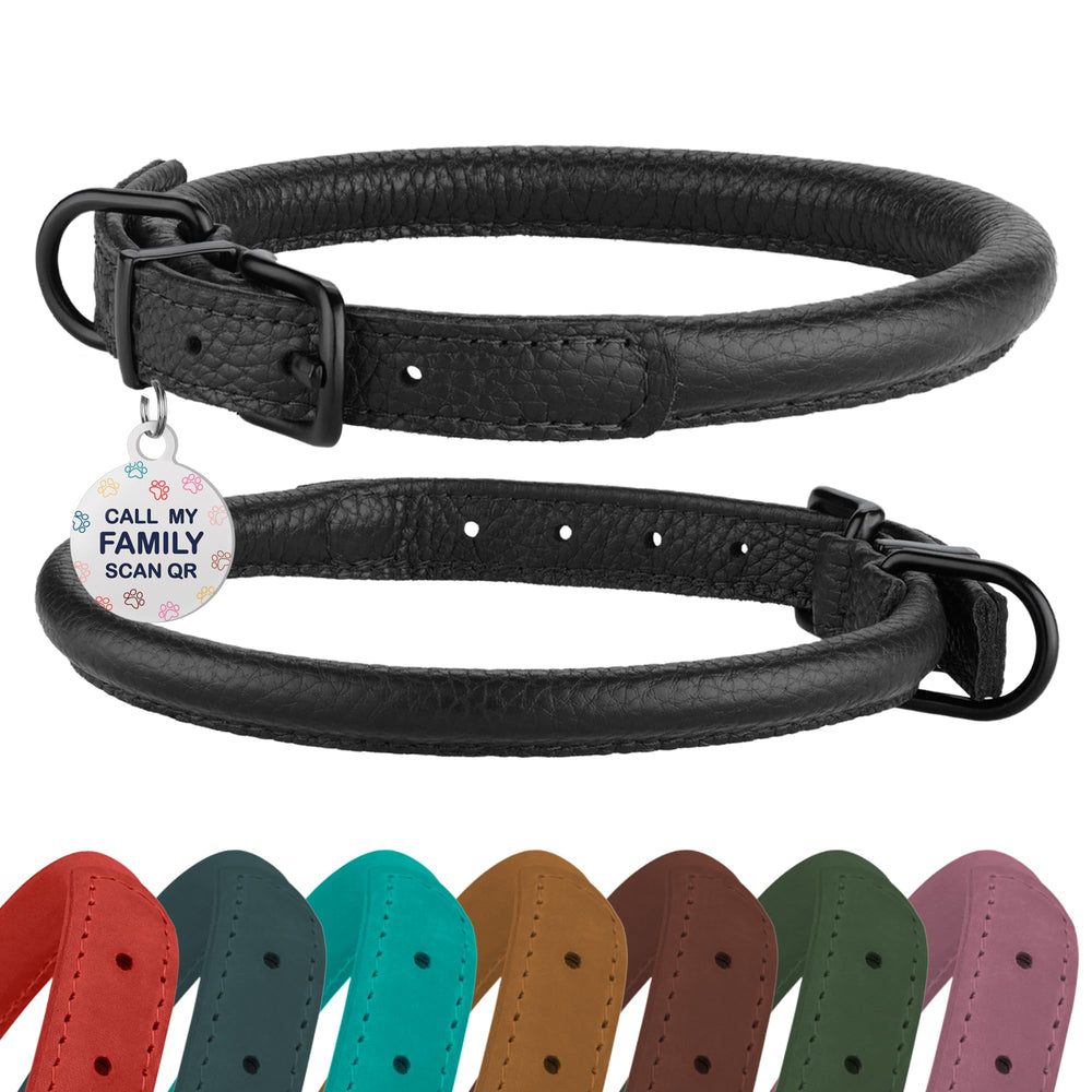 BRONZEDOG collar de cuero enrollado negro medianoche, suave para pelo largo y menos enredos.