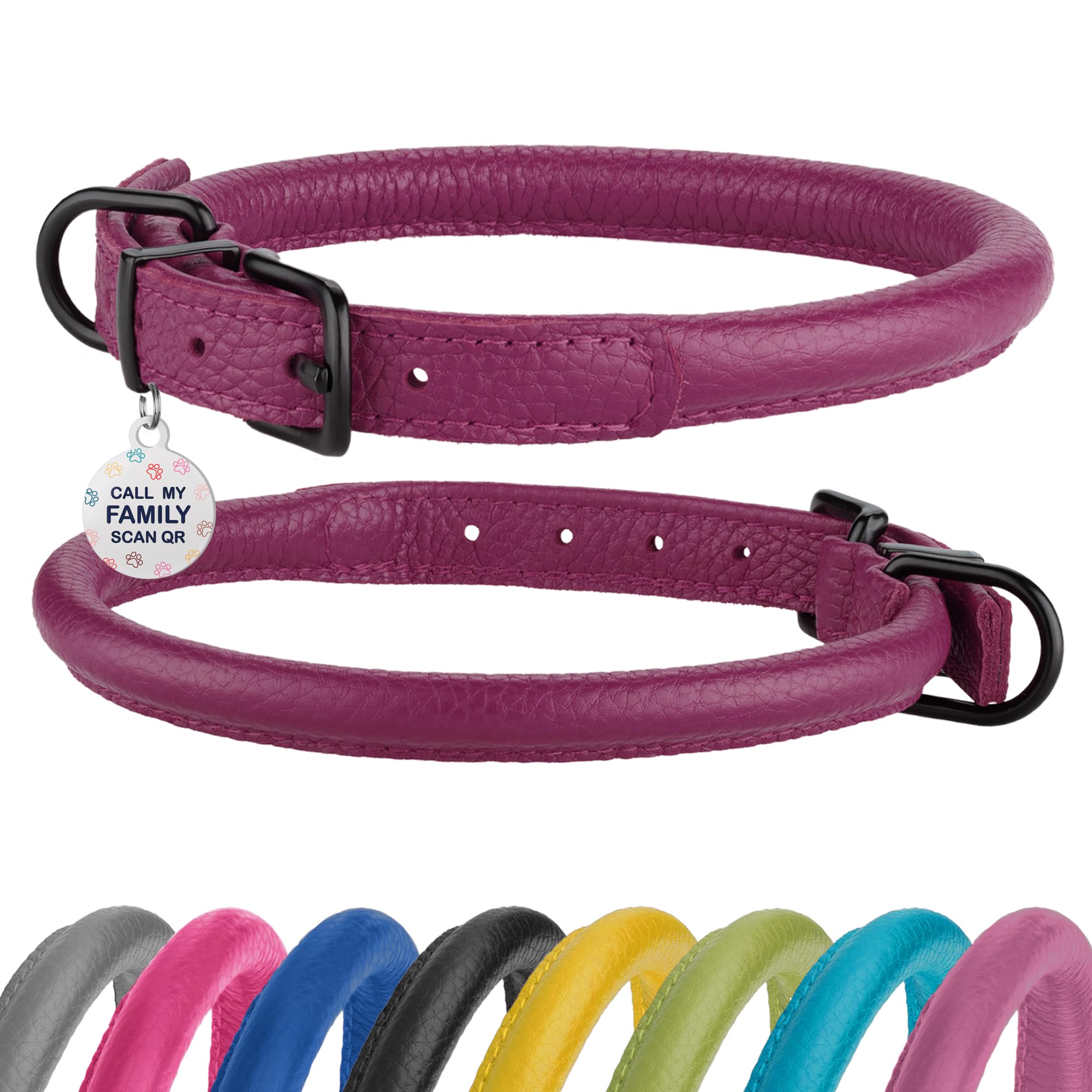 BRONZEDOG collar de cuero enrollado rosa frambuesa, suave para perros.