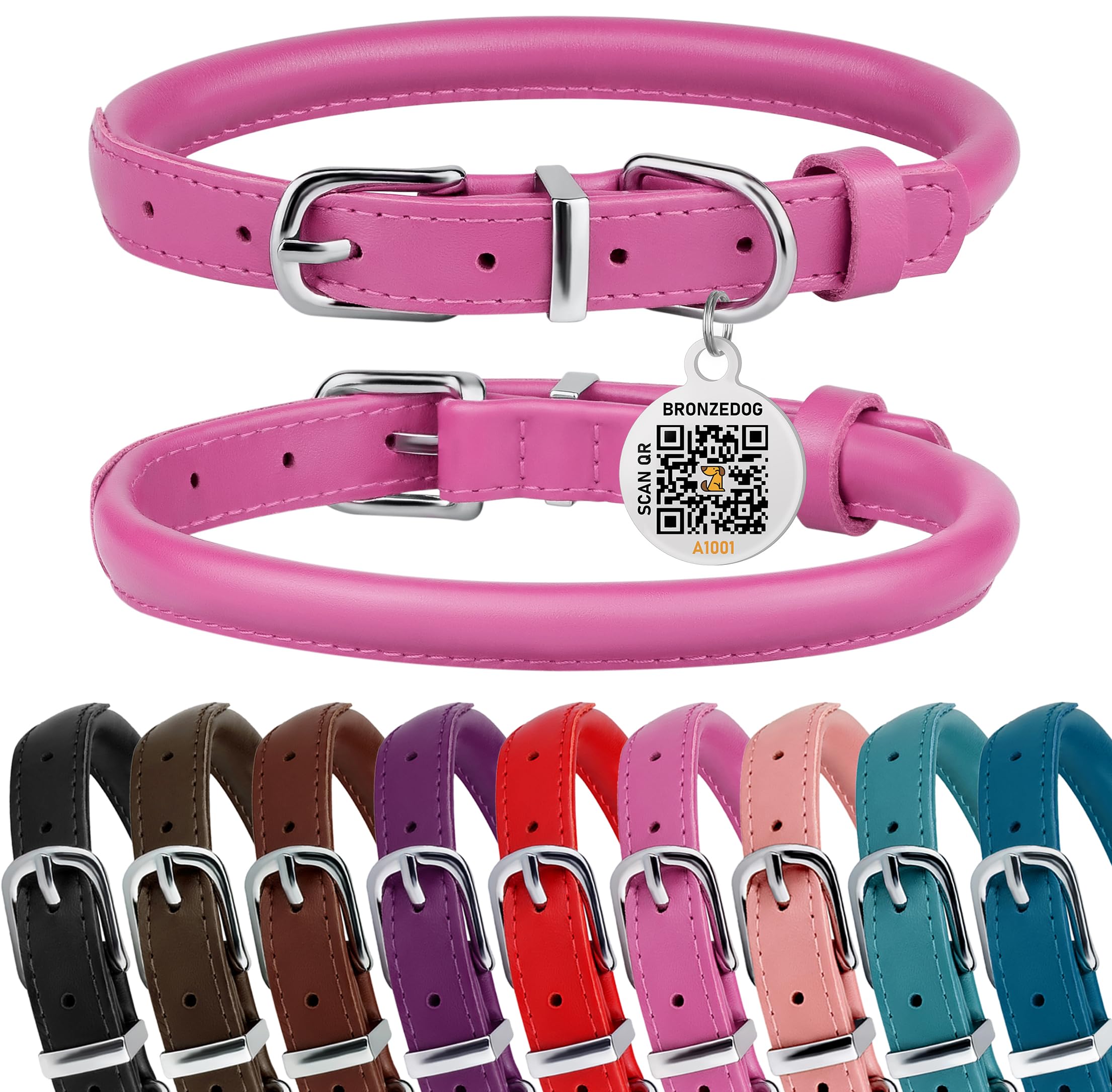 BRONZEDOG collar de cuero enrollado rosa, cómodo y duradero.