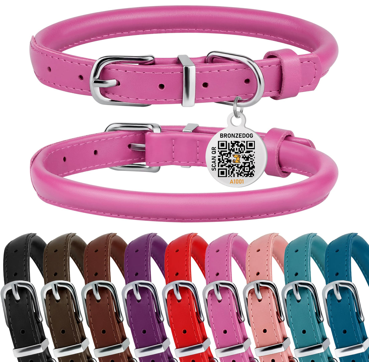 BRONZEDOG collar de cuero enrollado rosa, cómodo y duradero.