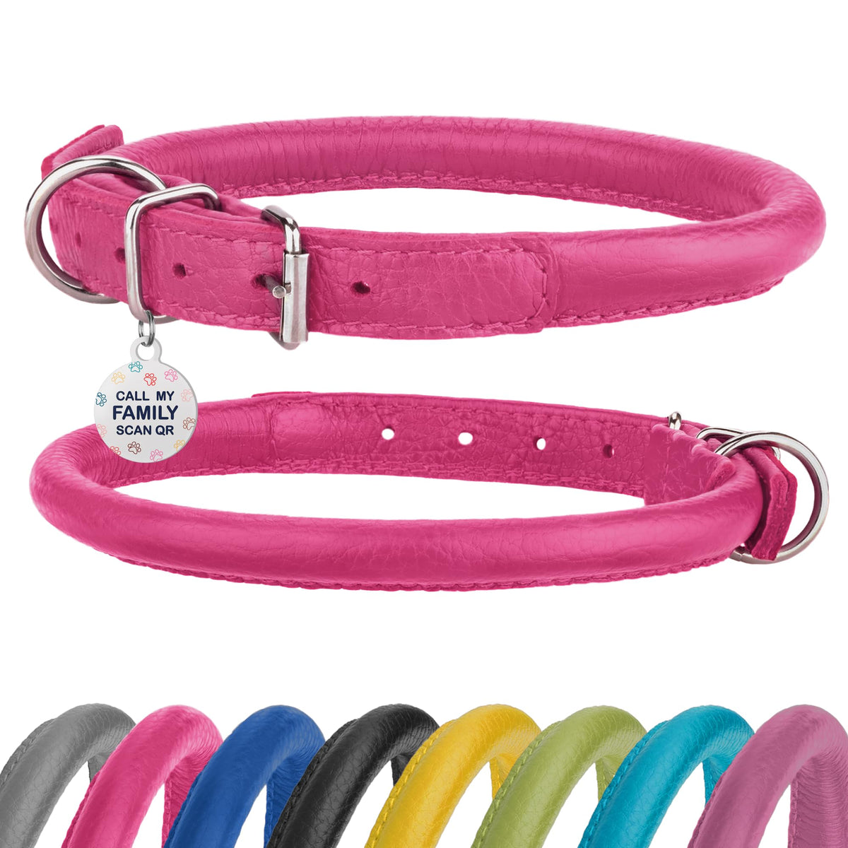 BRONZEDOG collar cuero enrollado rosa, cómodo para pelo largo