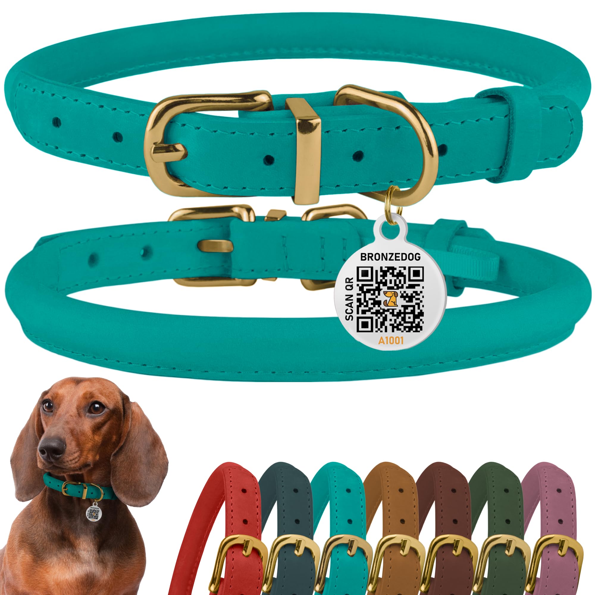 BRONZEDOG collar enrollado de cuero en turquesa, cómodo y duradero para perros.