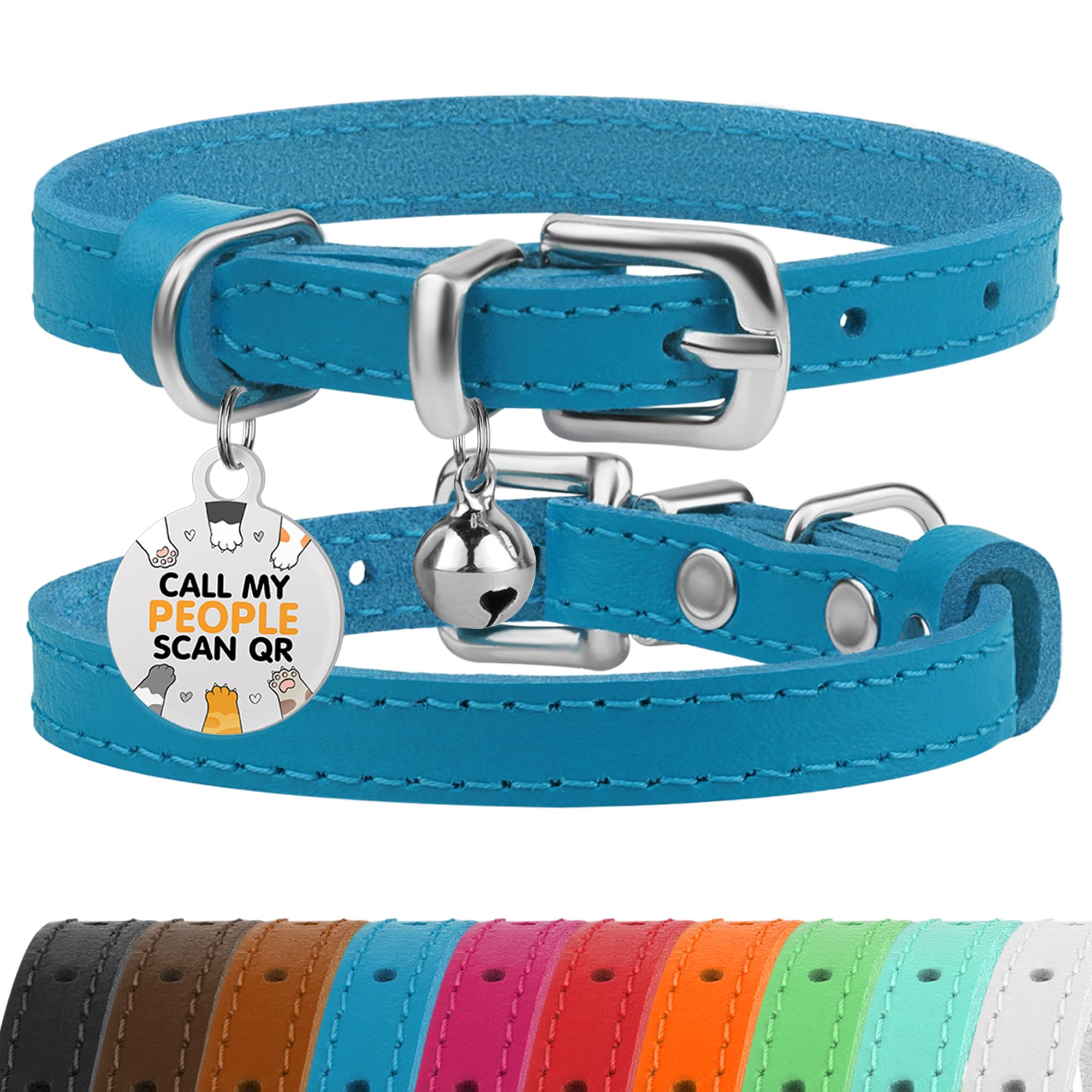 BRONZEDOG collar de cuero para gato en azul, detalle suave y cómodo para uso diario
