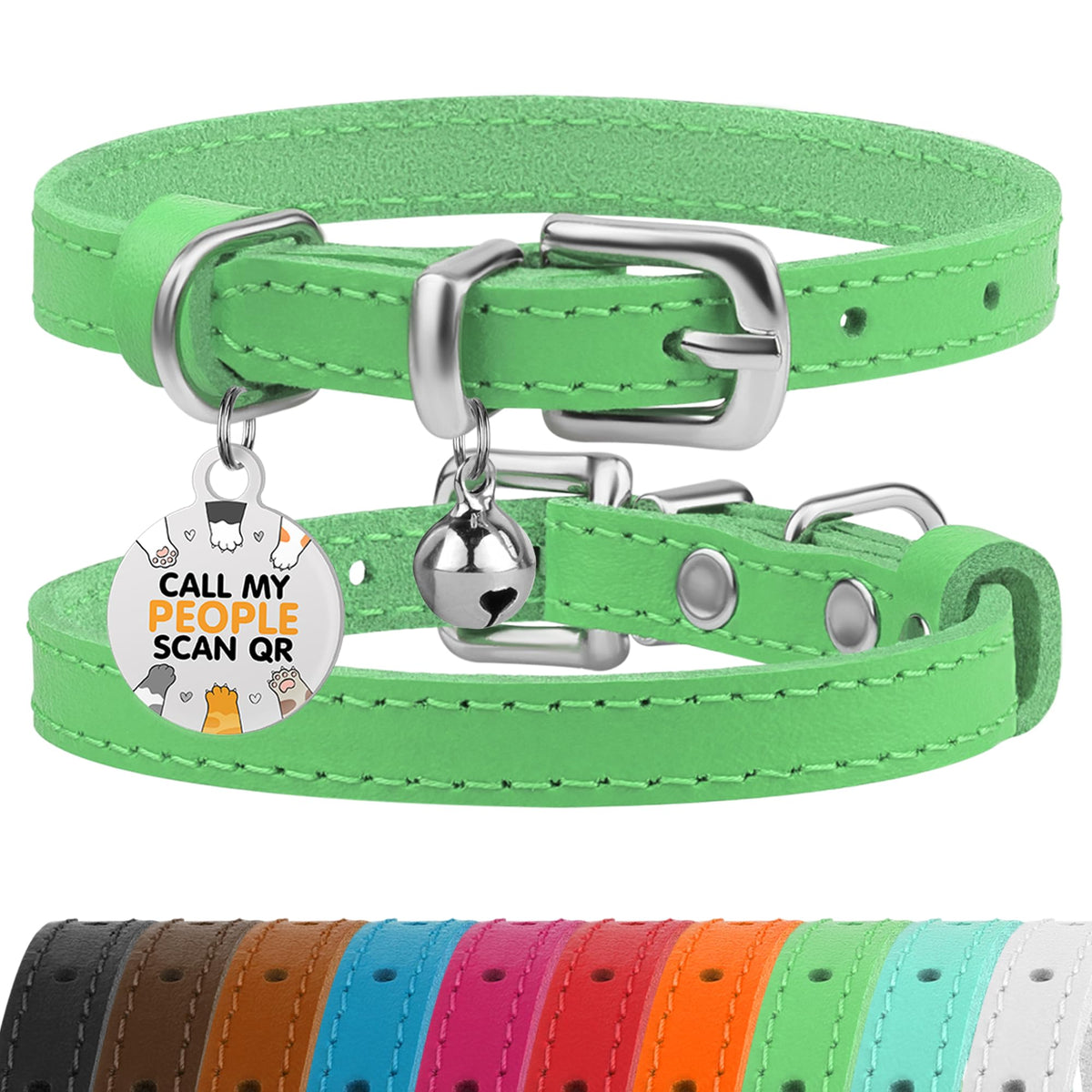 BRONZEDOG collar de cuero para gato, verde-plata, ajuste comodo 7-9 pulgadas
