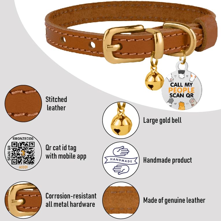 BRONZEDOG collar de cuero para gatos, ajuste 9-12 pulgadas para crecimiento cómodo.