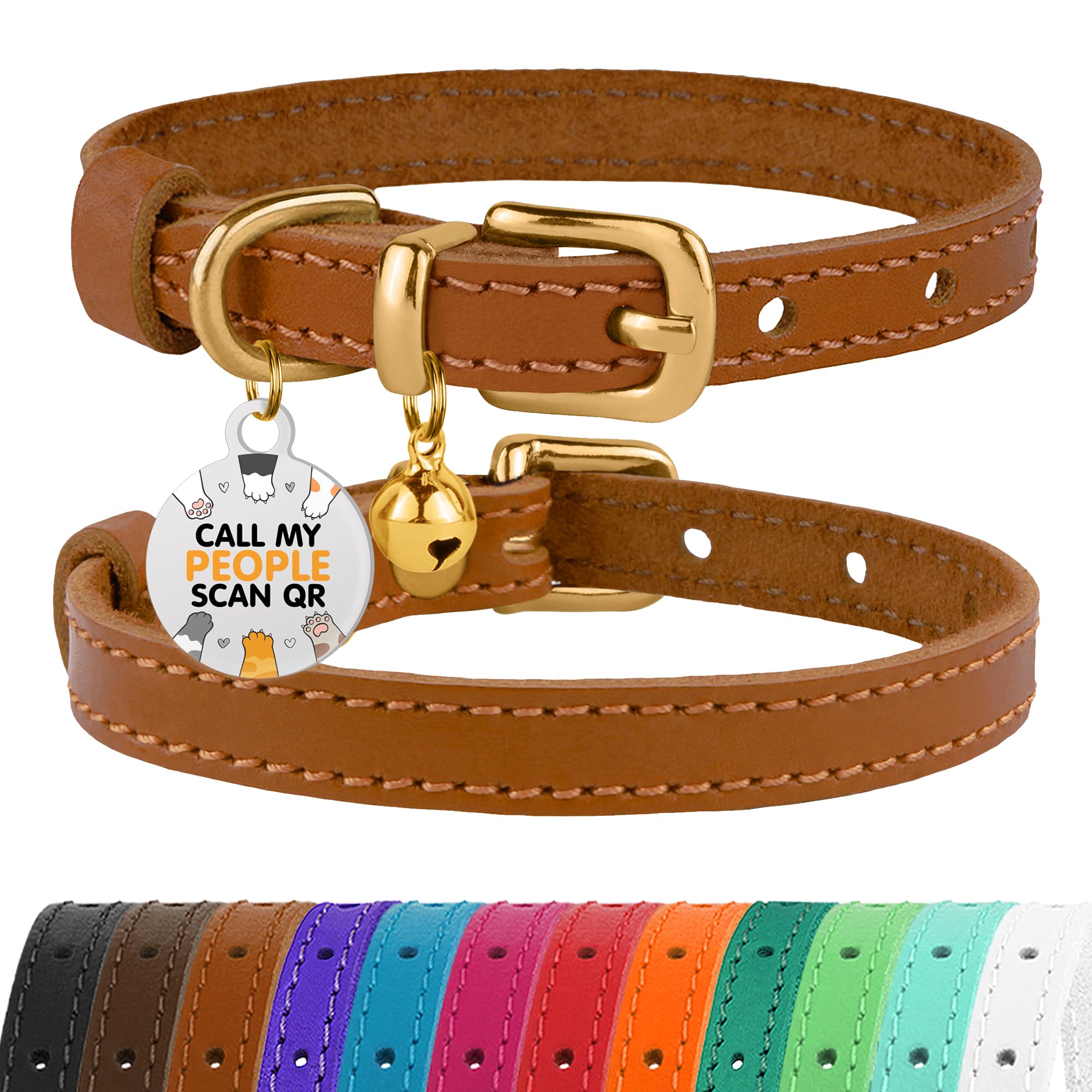 BRONZEDOG collar de cuero para gatos con campana removible, uso diario elegante.