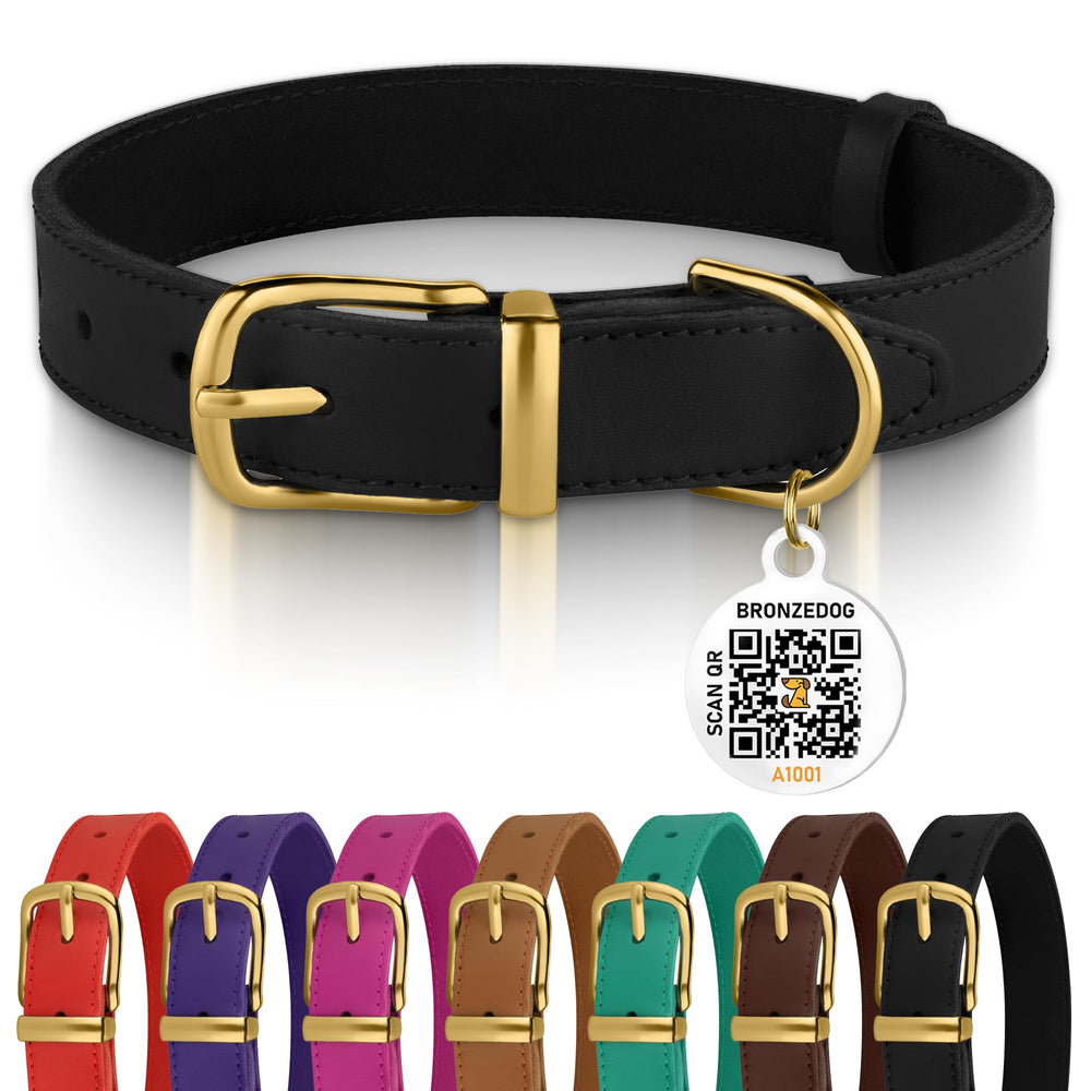 BRONZEDOG collar de cuero con hebilla negro-dorado para perros pequeños, diseño elegante