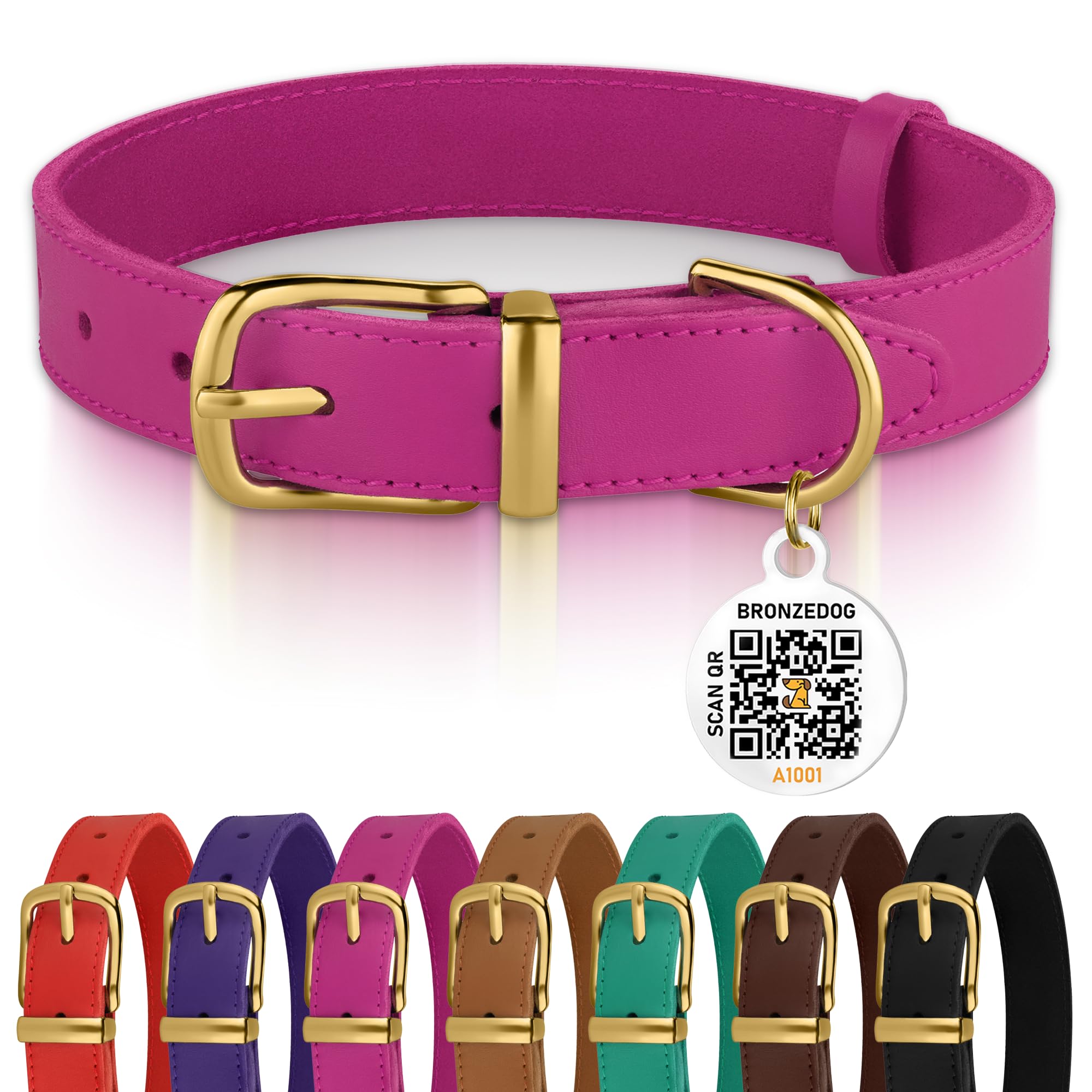 BRONZEDOG collar de cuero natural con cierre dorado, estilo elegante para perros pequeños.