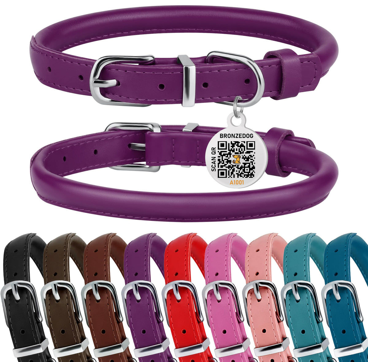 BRONZEDOG collar de cuero rodado plum para perros XS, cómodo diario