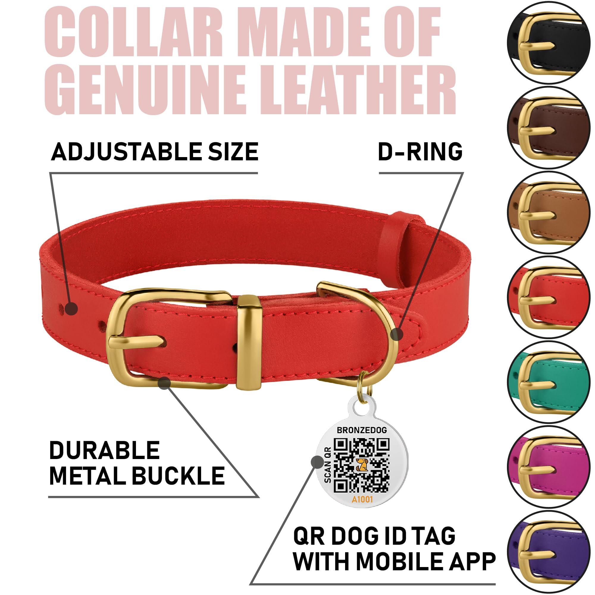BRONZEDOG collar de cuero con textura natural, cómodo y duradero