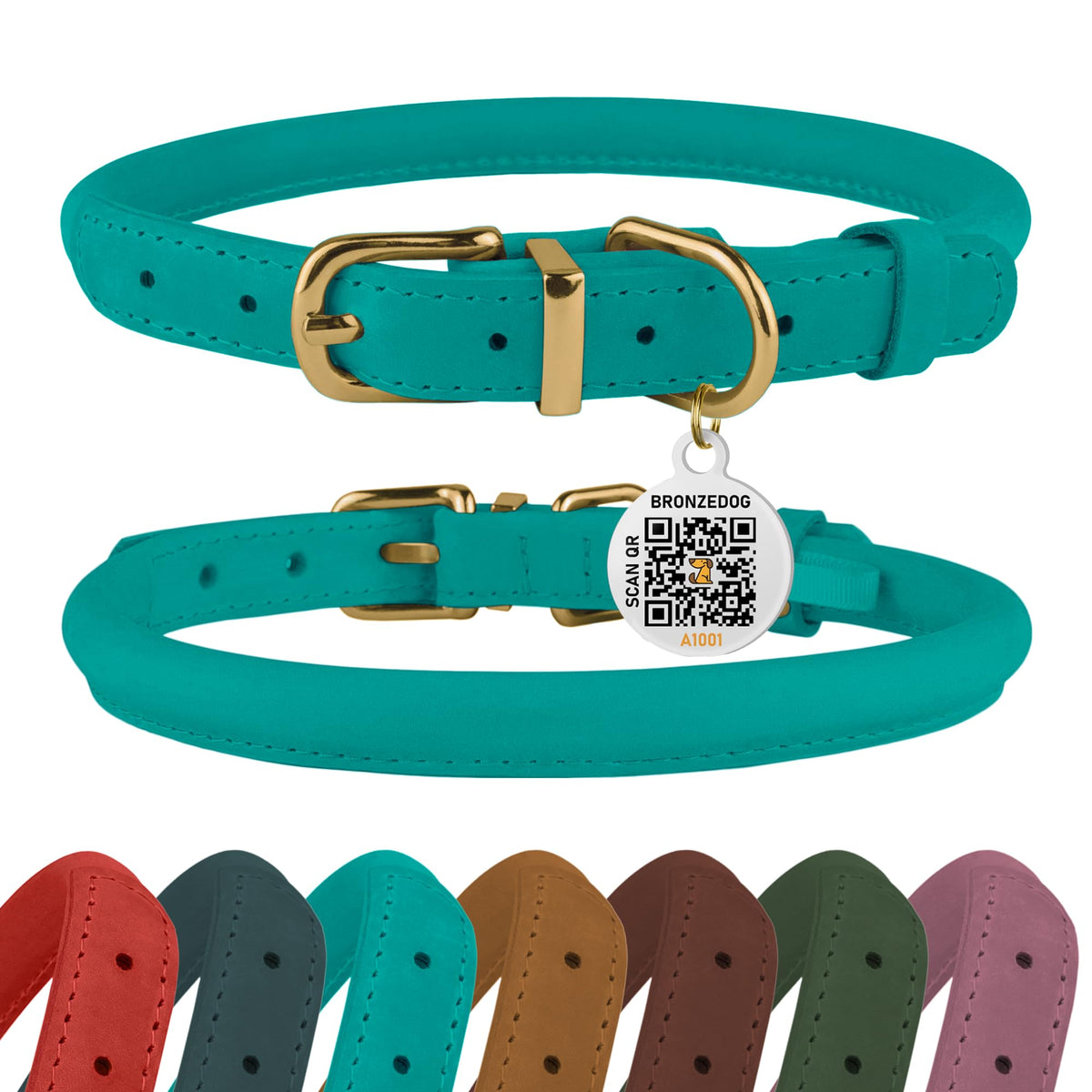 Collar BRONZEDOG enrollado turquesa con etiqueta QR para identificación rápida.