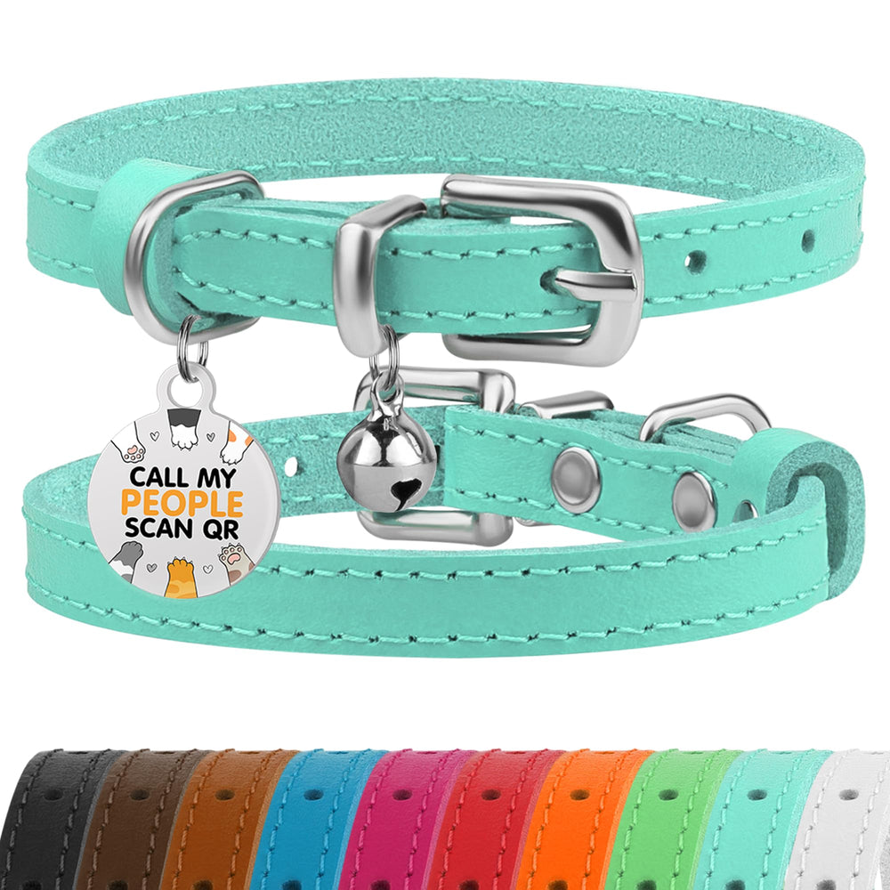 BRONZEDOG collar de cuero para gato, 7-9 pulgadas, turquesa y plata, cómodo y elegante.