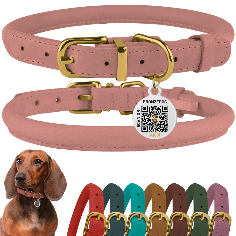 BronzeDog collar enrollado de cuero en tono blush, cómodo para perros activos.