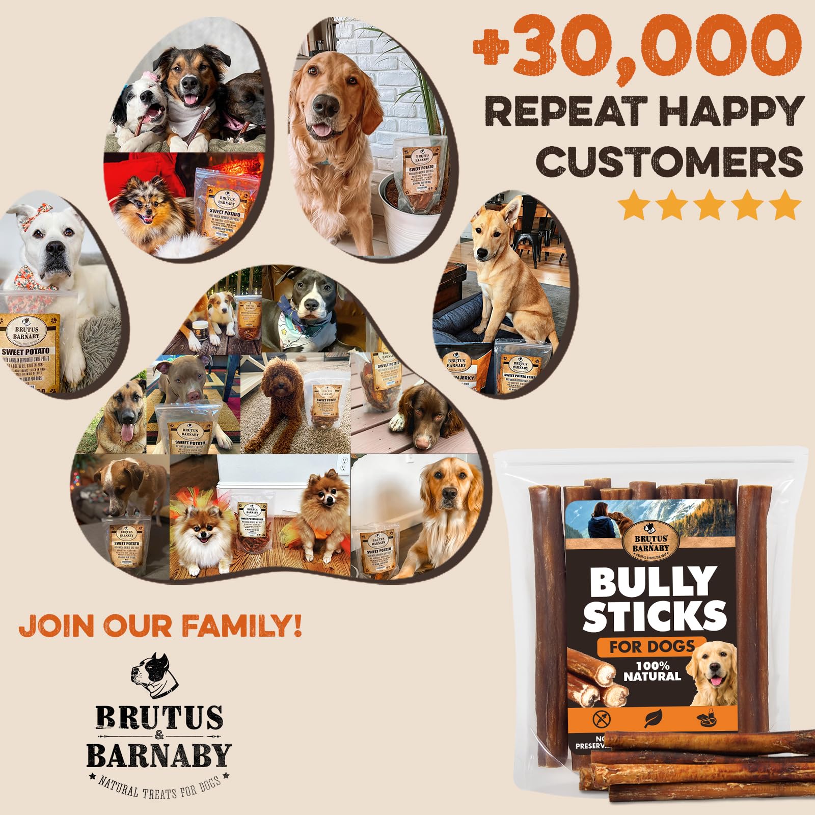 BRUTUS & BARNABY Bully Stick sin conservantes, snack puro para perros