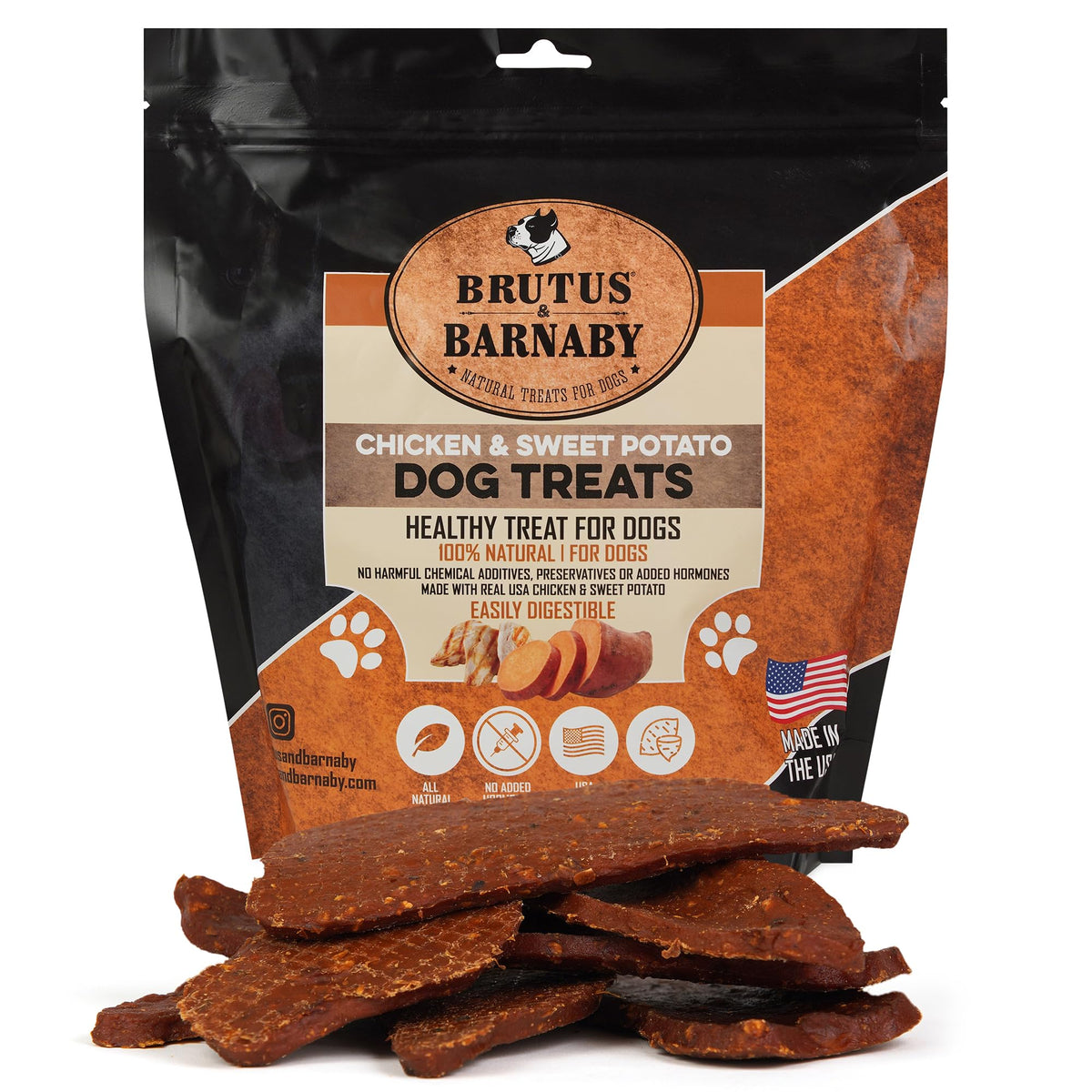 BRUTUS Y BARNABY jerky de pollo y boniato en tiras para perros