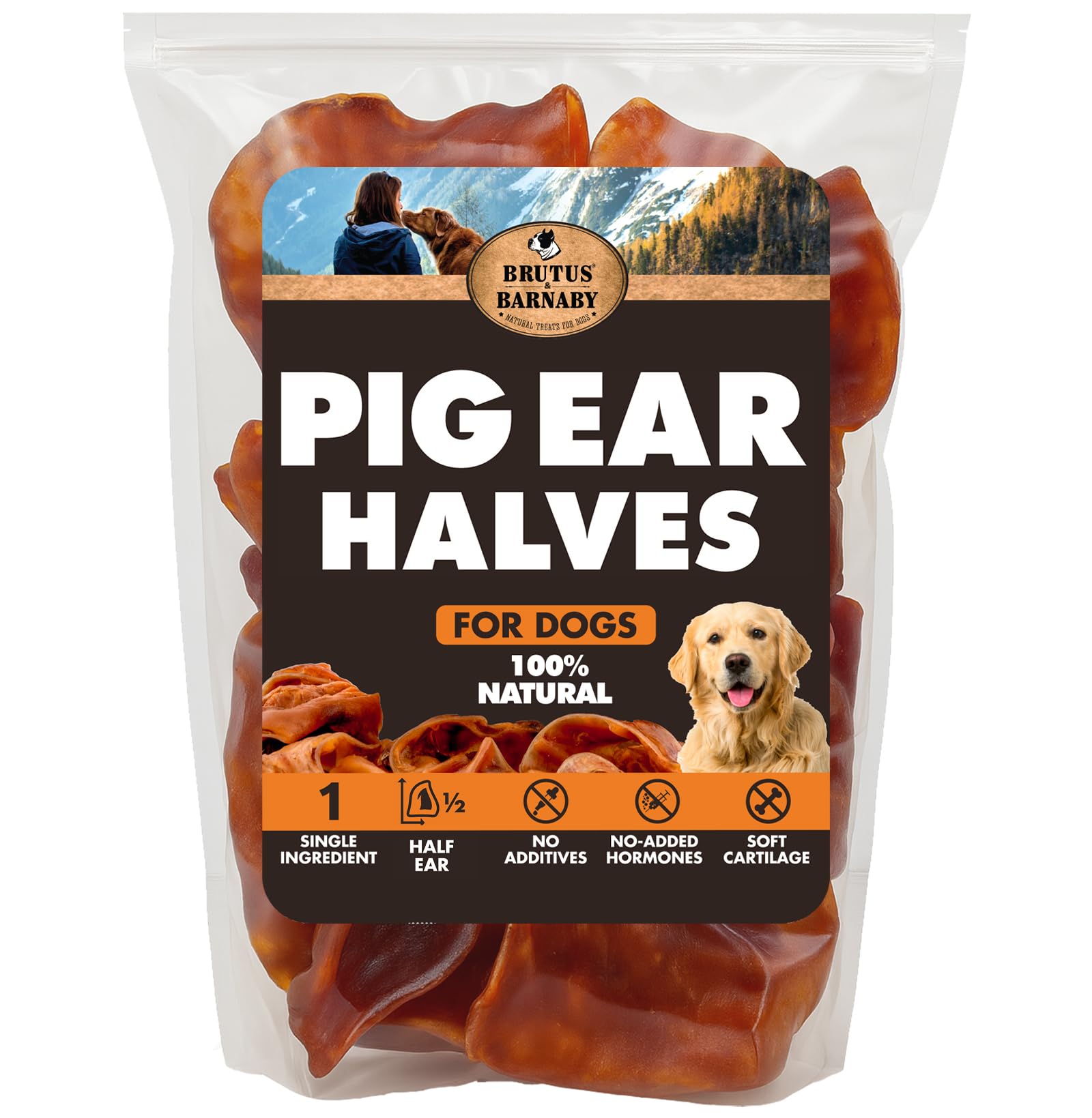 BRUTUS & BARNABY – orejas de cerdo en media pieza, snack natural para perros.