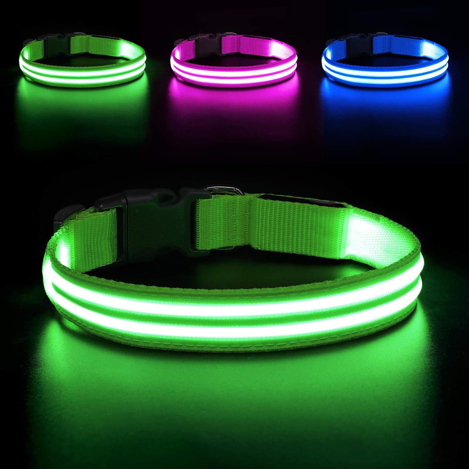 Collar LED BSEEN para perro, visibilidad nocturna para paseos seguros.