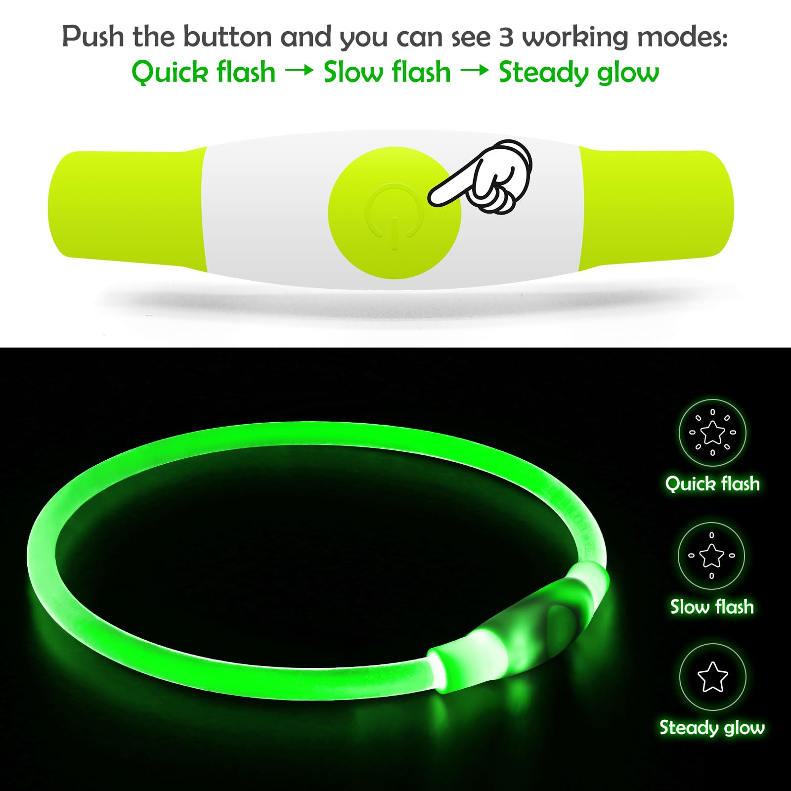 BSEEN collar LED: tres modos de iluminación para distintas situaciones nocturnas.