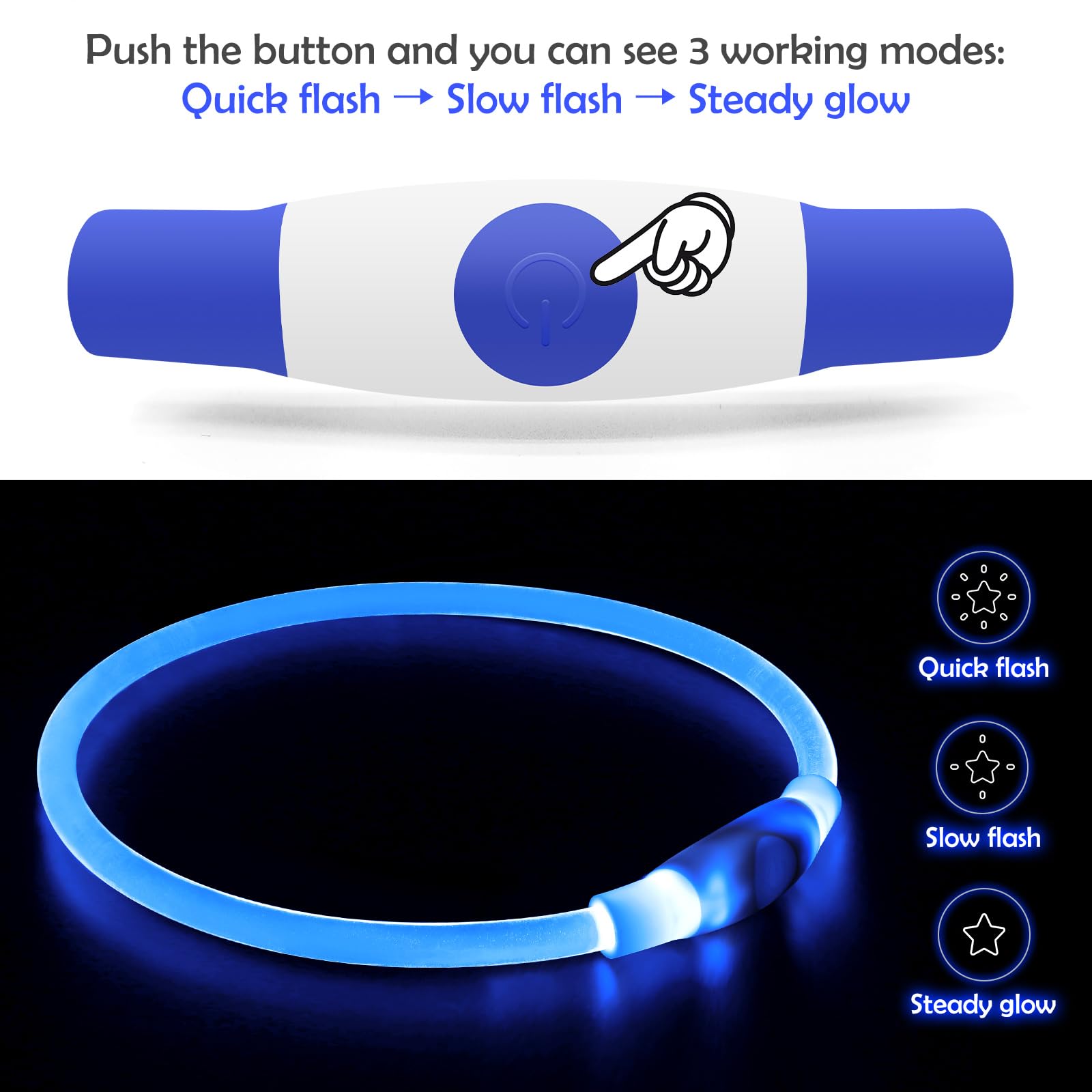 Collar BSEEN azul iluminado, ideal para paseos nocturnos.