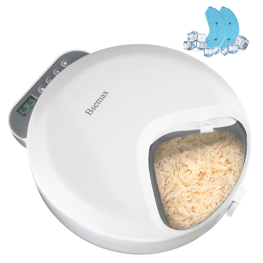 Bsemax comedero automático para gatos, compartimento de 4 porciones para comida húmeda, facilita horarios.