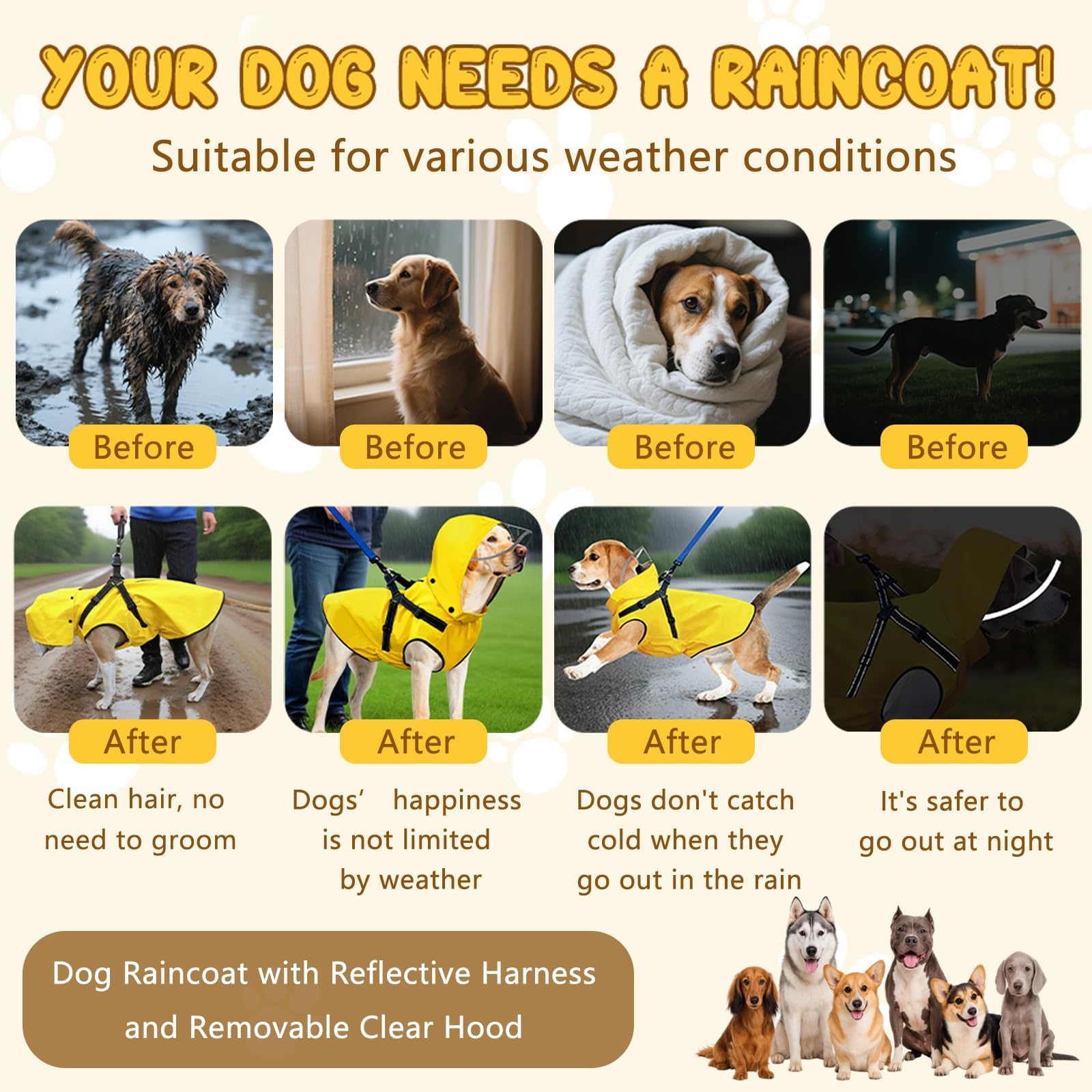 Diseño seguro con arnés reflector ideal para paseos en lluvia