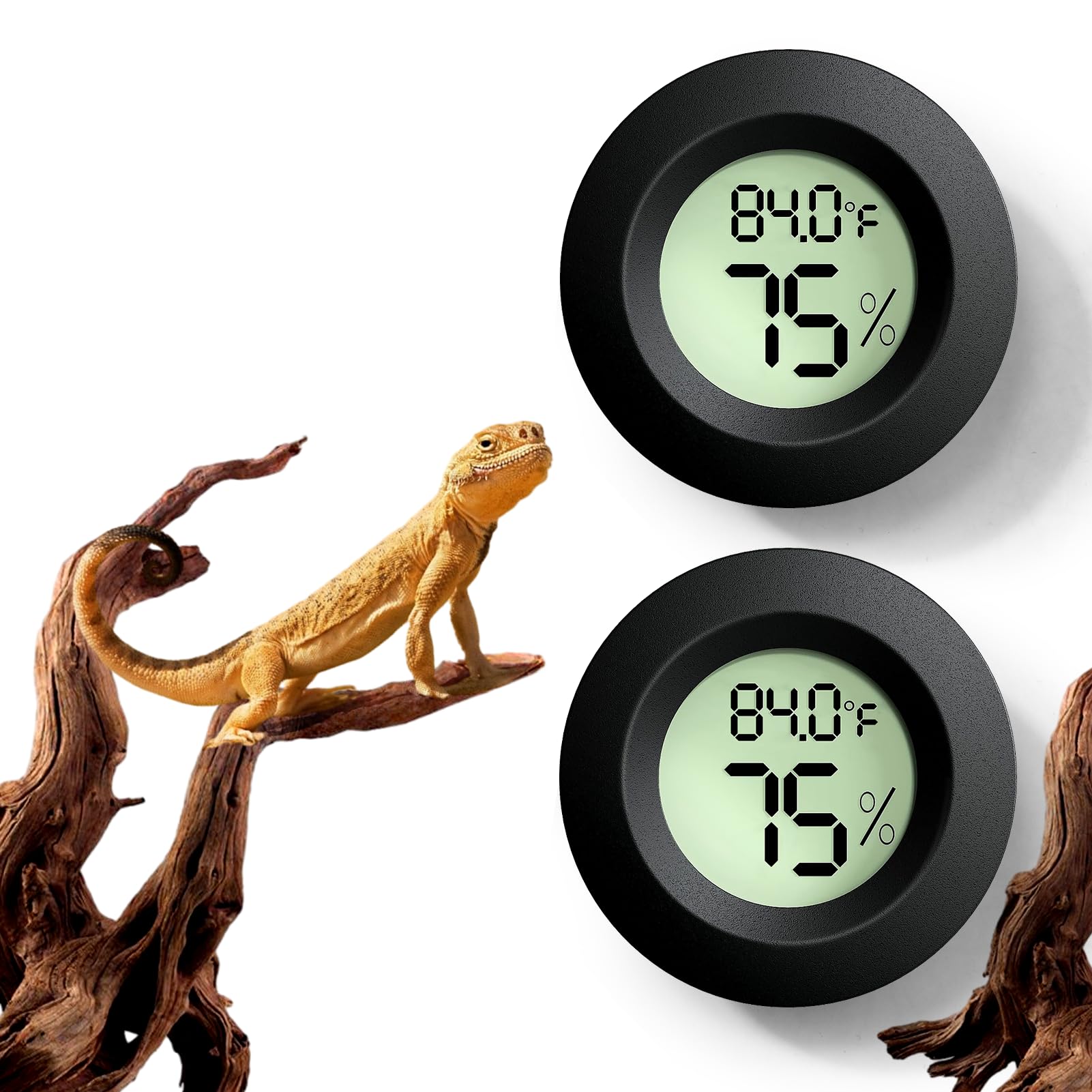 BSRESIN termómetro-humedad para terrario en frente, lectura clara para reptiles.