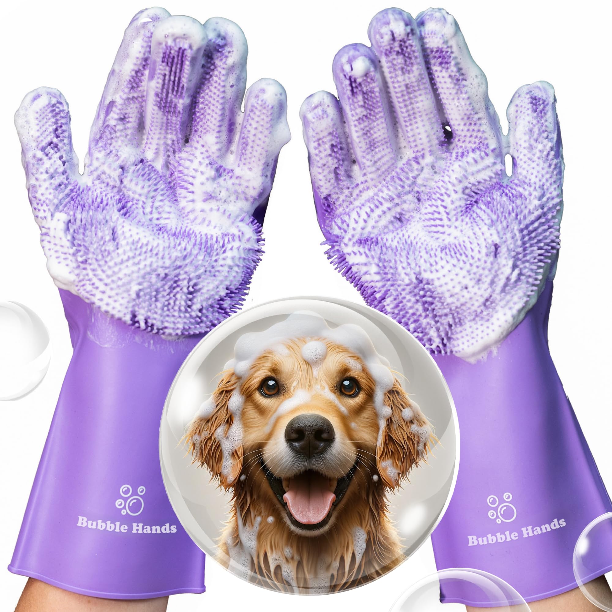 Guantes Bubble Hands para baño de perros con champú, masaje suave para pelaje.
