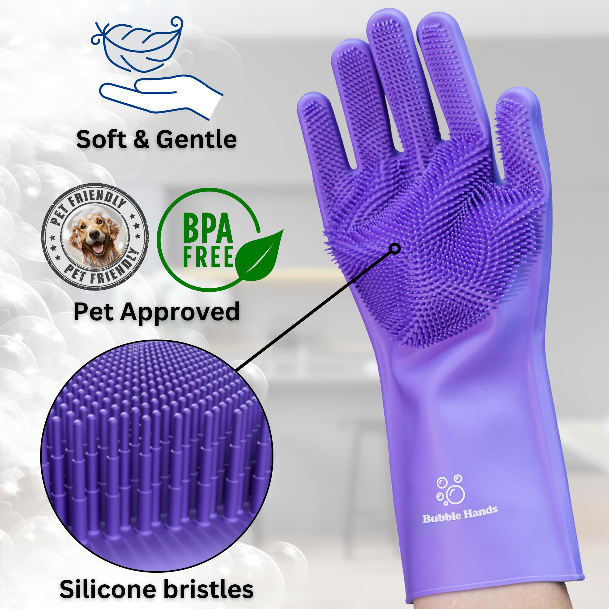 Guantes Bubble Hands de silicona sin BPA, seguros para mascotas y usuarios.