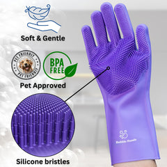 Guantes Bubble Hands de silicona sin BPA, seguros para mascotas y usuarios.