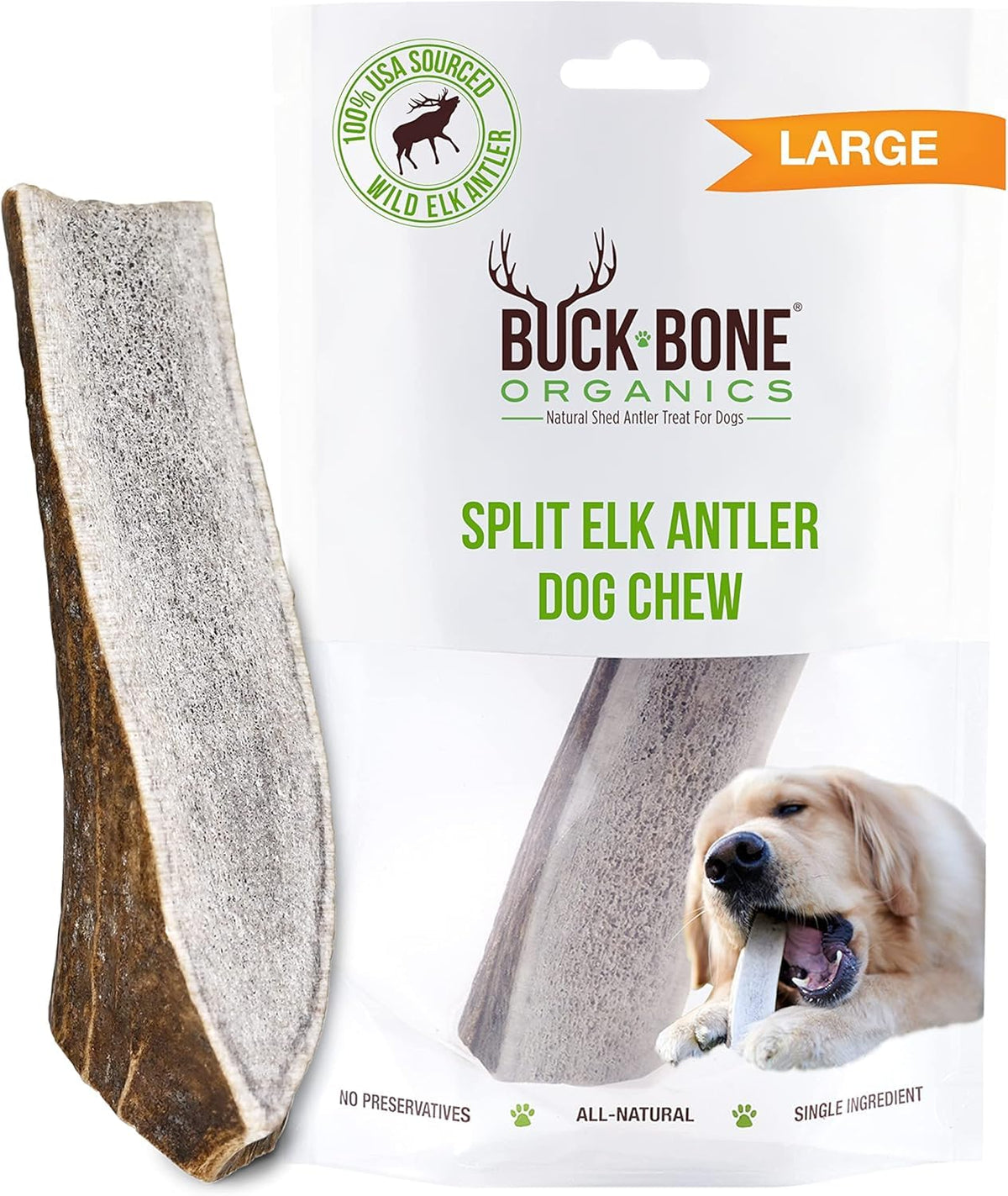 Buck Bone Organics: asta de alce grande masticable para perros, entretenimiento duradero.