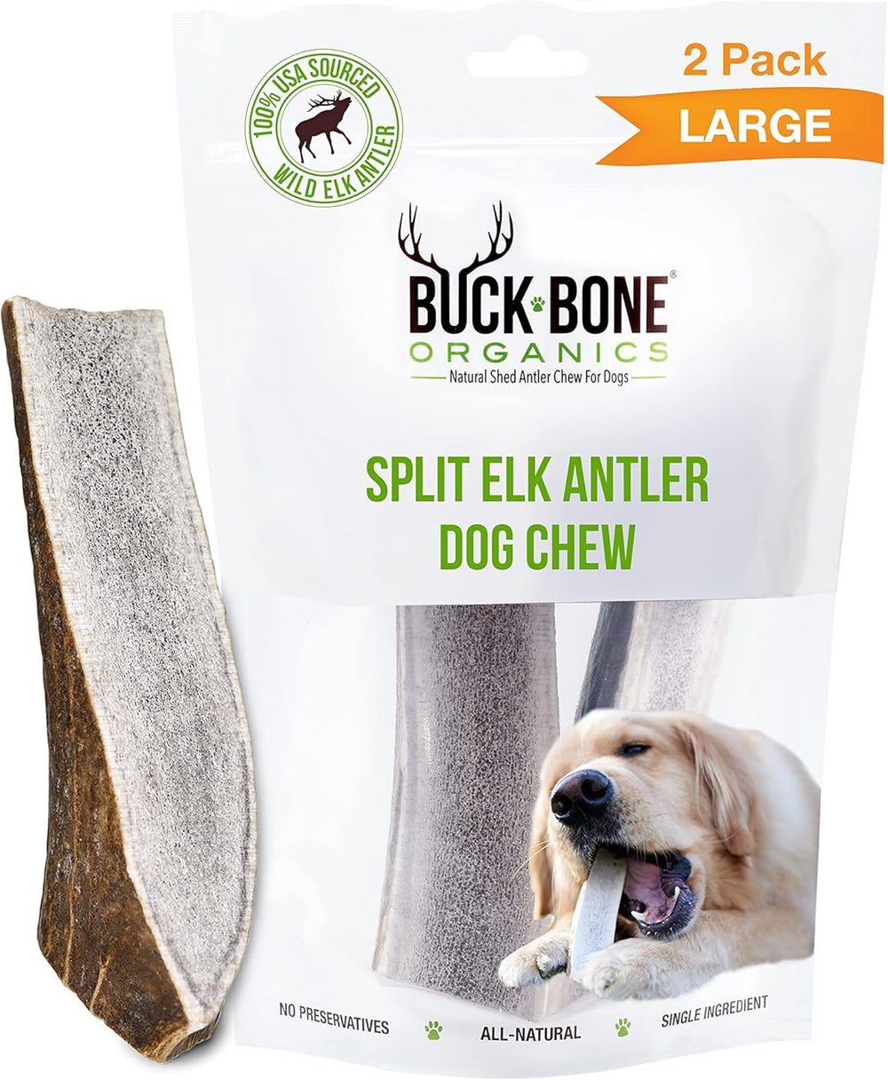 Buck Bone Organics astas de alce grandes para perros, masticación duradera.
